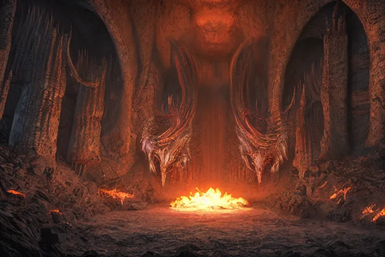 Image similar to realistic fiery balrog at the bottom of a huge long corridor in the mines of moria, 3 d octane render, photorealistic, style of h. r. giger