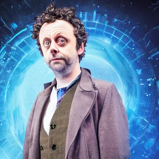 Image similar to a full body photograph of michael sheen as'doctor who ', time vortex in the background, detailed face, symmetrical face, extreme realism and detail, 8 k, completely framed, direct lighting, 3 5 mm photo, photorealistic, sharp focus