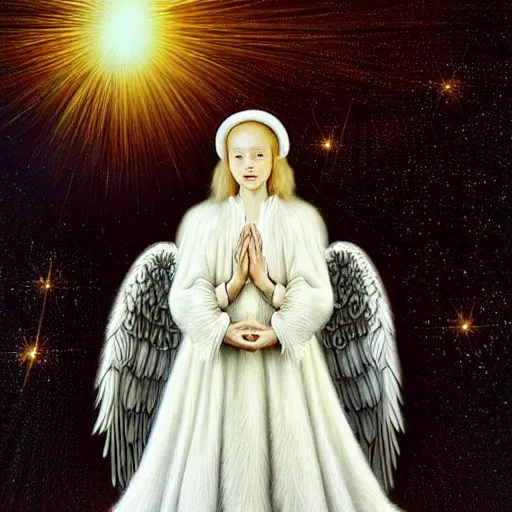 Image similar to highdetailed hyperrealistic painting of white angel!!! no gender!!!, giant ball of miracle light from the chest!!!!!, white sparkles everywhere, 4 k hd fur face!!!, big wings, by jan van eyck, holography space, glow effect, large strokes, soft and clean, white monochrome color!!!!!