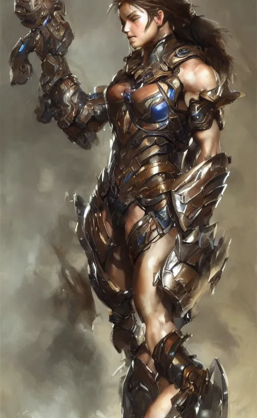 Image similar to muscular full armored girl by daniel gerhartz, trending on art station