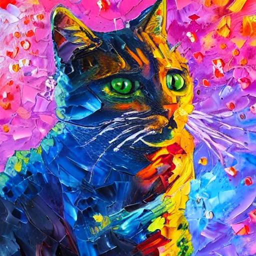 Image similar to palette knife oil painting of a cat in outer space