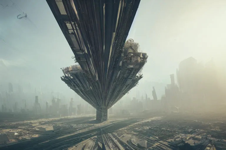 Image similar to majestic cyberpunk structure, space elevator, architecture of purification, virtual installation, ancient atmosphere, trending on artstation, behance, octane render, award winning, archviz, matte painting, sunrays, ethereal, desert, masterpiece, epic