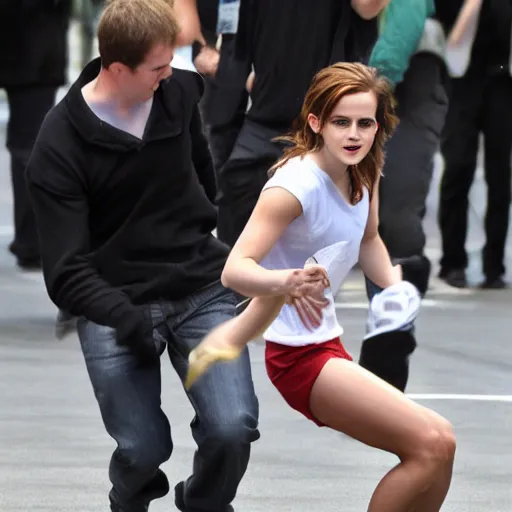 Prompt: emma watson tackling sasquatch