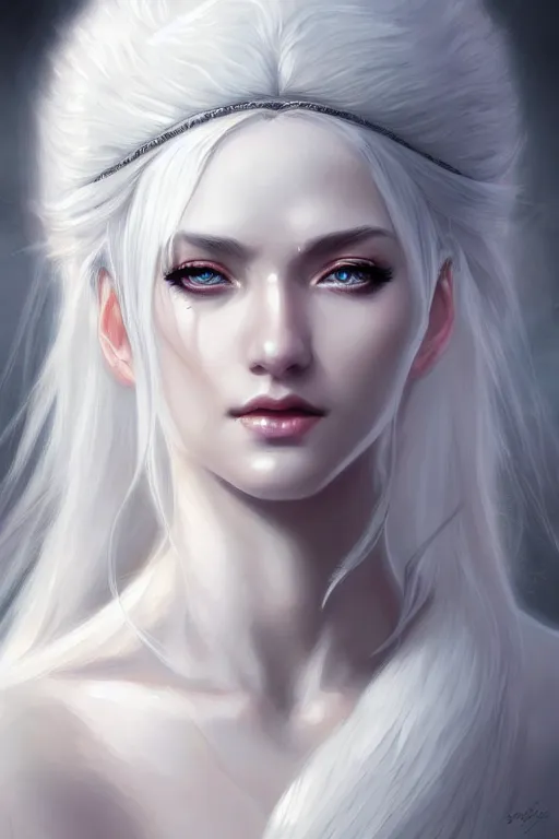 Image similar to a beautiful white haired goddess girl, fantasy, portrait, sharp focus, intricate, elegant, digital painting, artgerm, matte, highly detailed, concept art, illustration, ambient lighting