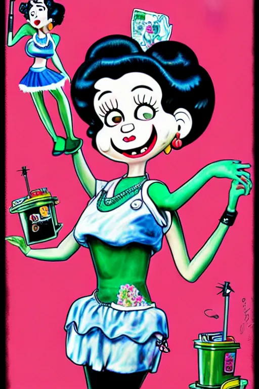 Image similar to full view, from a distance, of anthropomorphic trashcan who is betty boop from 1 9 3 0, full of trash, style of yoshii chie and hikari shimoda and martine johanna, highly detailed