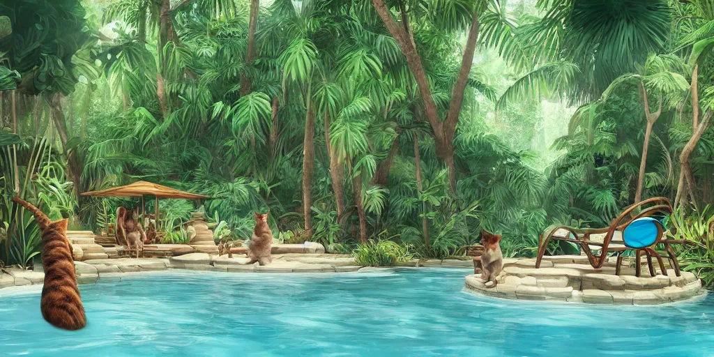 Prompt: swimming pool in the middle of the jungle a 'cat and a dog superdetailed' , empty beach chair , highly detailed, digital painting, artstation, concept art