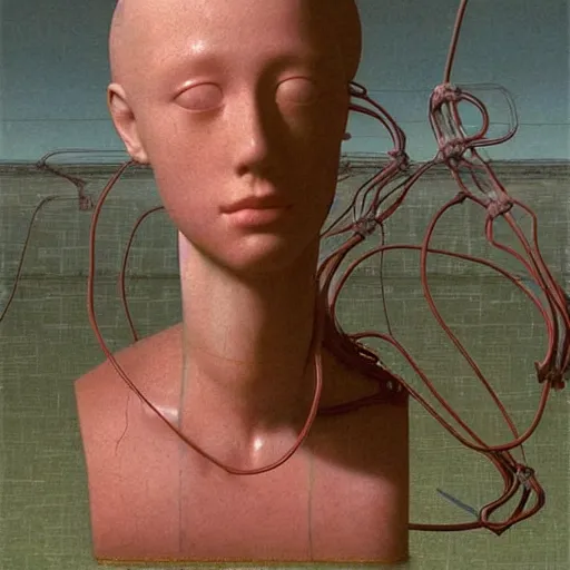 Image similar to Kenne Gregoire, award winning masterpiece with incredible details, Zhang Kechun, a surreal vaporwave vaporwave vaporwave vaporwave vaporwave painting by Thomas Cole of an old pink mannequin head with cables and wires coming out of it's neck, sinking underwater, highly detailed