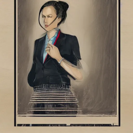 Prompt: female lawyer, business suit, brown neat hair, pixiv, fanbox, trending on artstation, digital painting, portrait, defense attorney, modern, sleek, highly detailed, formal, serious, determined, competent, colorized