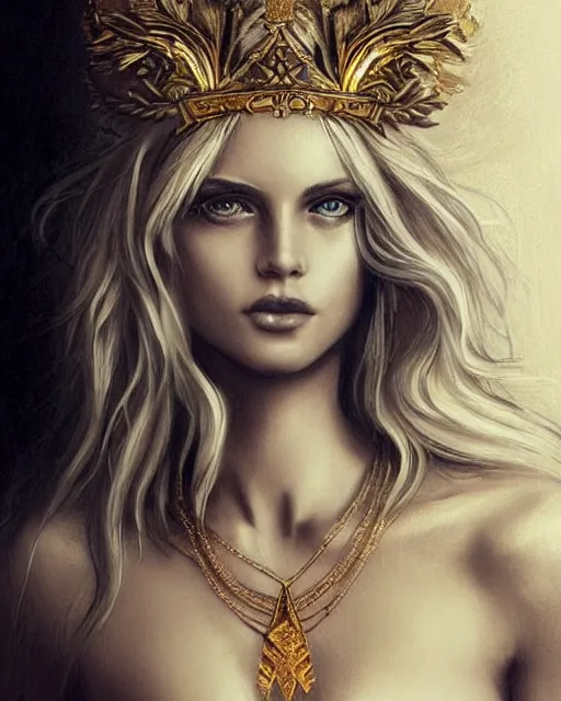 Image similar to tattoo design sketch of hot blonde super model as aphrodite greek goddess wearing a gold laurel wreath and triangle earrings, beautiful piercing gaze with sharp pupils, in the style of greg rutkowski, fantasy, amazing detail, epic, elegant, smooth, sharp focus, front view