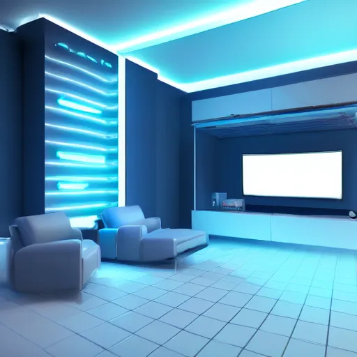 Image similar to futuristic looking living room, dark with blue neon lights, contrasted, tron style, octane render