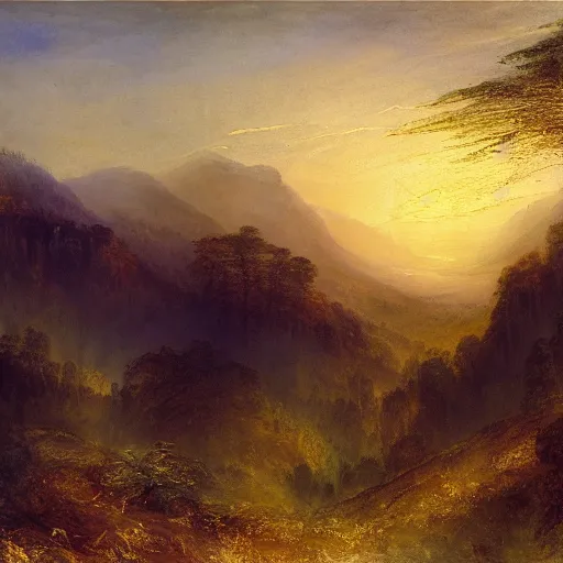 Prompt: a beautiful watercolor painting of an epic appalachian wilderness at dawn by j. m. w. turner, wide angle shot, godrays, mystical, deep shadows, epic scale