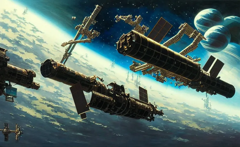 Prompt: space station amazing spaceships, painting by karl kopinski kim jung giu and weta studio, and lucasfilm and jesper ejsing and norman rockwell greg rutkowski frank frazzeta colours black and gold