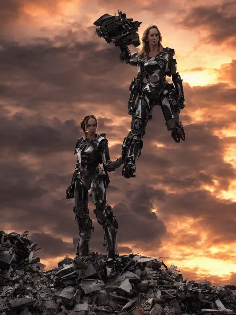 Prompt: emily blunt in futuristic power armor, solitary figure standing atop a pile of rubble, sunset and big clouds behind her