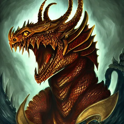 Prompt: Golden Dragonborn, D&D Commision Art Dragon, Nagrax (Deceased), Dragon Portrait Digital Commission