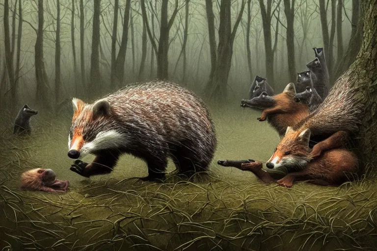 Prompt: photo, badgers and foxes having a fight, woodland location, stefan kostic and david cronenberg, realistic, sharp focus, 8 k high definition, intricate, chiaroscuro, elegant, perfect faces, symmetrical face, extremely detailed, hypnotic eyes, realistic, fantasy art, masterpiece zdzislaw beksinski, artgerm