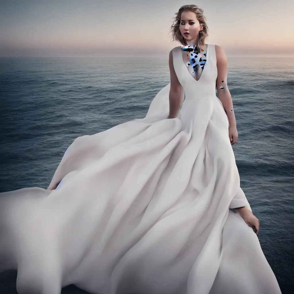 Prompt: a portrait photography of Jennifer Lawrence dress in white by Flora Borsi, with the sea behind, soft sunset lighting, pastel colors scheme, fine art photography, dramatic backgroung, 100 mm sigma art