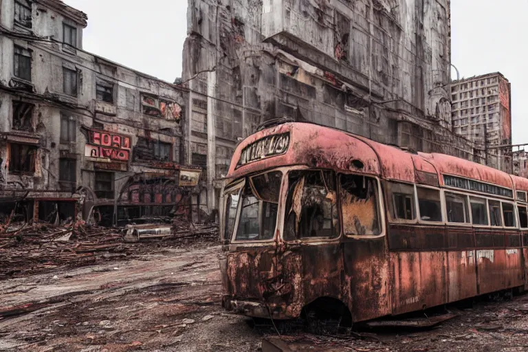 Image similar to low wide angle shot of dilapidated fallout 5 europa, european cityscapes, desolate, dilapidated neon signs, few rusted retro futuristic vintage parked vehicles like cars, buses, trucks, trams, volumetric lighting, photorealistic, fog, daytime, autumn, overcast weather, sharp focus, ultra detailed, 4 0 0 0 k