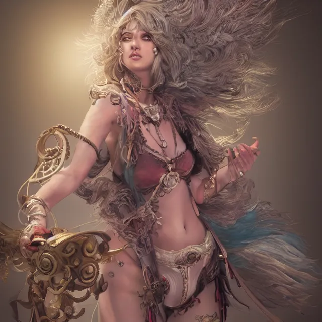 Image similar to studio portrait of neutral good colorful female cleric bard healer as absurdly beautiful, elegant, young sensual swimsuit model, ultrafine hyperrealistic detailed face illustration by kim jung gi, irakli nadar, intricate linework, sharp focus, bright colors, matte, octopath traveler, final fantasy, unreal engine highly rendered, global illumination, radiant light, intricate environment