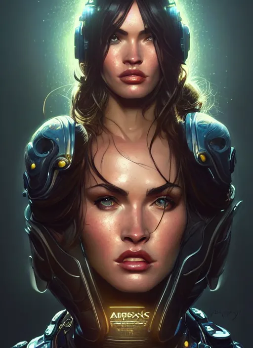 Image similar to portrait of apex legends megan fox, intricate, elegant, glowing lights, highly detailed, digital painting, artstation, glamor pose, concept art, smooth, sharp focus, illustration, art by artgerm and greg rutkowski, artey freytag