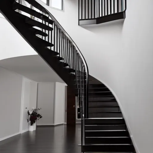 Prompt: photograph of a scary monster with elongated arms descending a staircase in a modern home, scary lighting