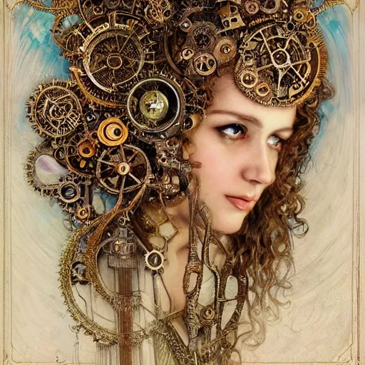 Image similar to A steampunk beautiful goddess, she is curly, she is embellished with gears wheels and gemstones, by William Holman Hunt, Greg Rutkowski, Stanely Artgerm, Tooth Wu, Peter Gric, Aaron Horkey, trending on Artstation, digital art, mythological, symmetrical artwork, cinematic lighting, hyper realism, high detail, octane render, ultra realistic, golden ratio, 4k, 8k