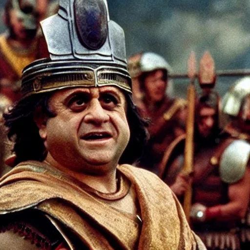 Image similar to danny devito as a roman praetorian in the streets of ancient rome, color film still