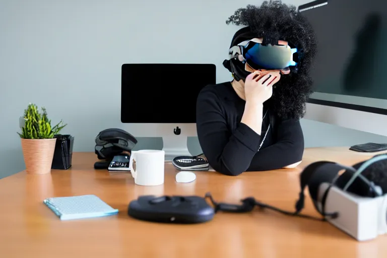 Image similar to A stock photo of a woman sitting at her desk, with a bunch of stuff, wearing a VR-headset, featured on flickr, cluttered