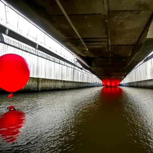 Image similar to down in the sewers of london, dark damp atmosphere, water dripping from the moss covered ceiling, a red balloon with a string attached is floating above the water