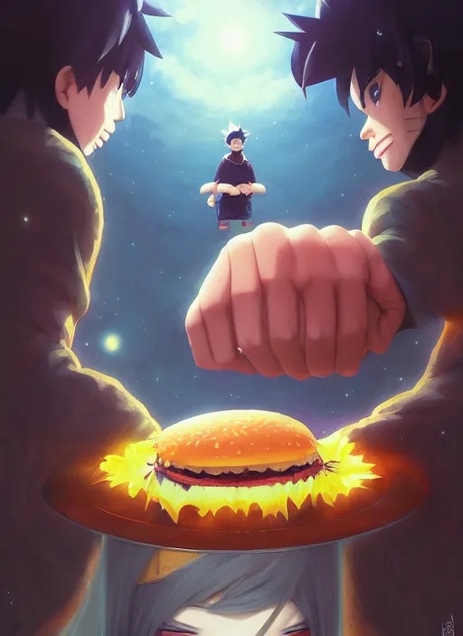 Prompt: highly detailed hamburger consuming naruto uzumaki with black hair, art by greg rutkowski, loish, rhads, ferdinand knab, makoto shinkai and lois van baarle, ilya kuvshinov, rossdraws, tom bagshaw, global illumination, radiant light, detailed and intricate environment