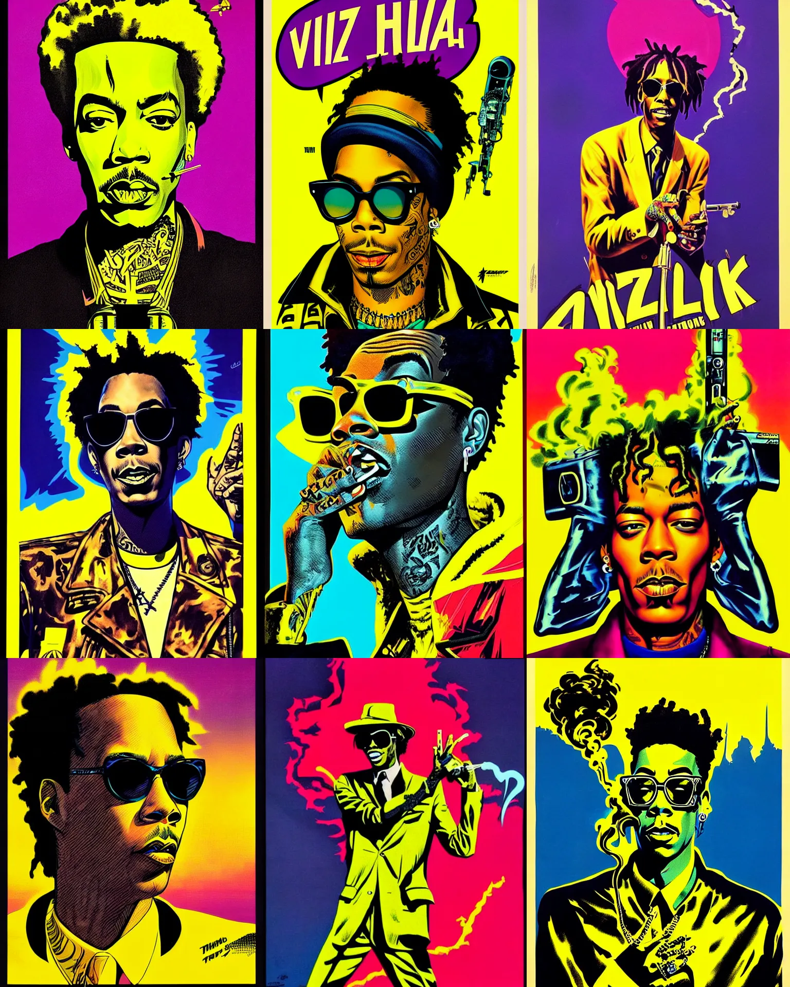 Prompt: wiz khalifa, poster art by jim steranko, trending on deviantart, nuclear art, american propaganda, movie poster, poster art, neon psychedelia, black and yellow, smoking