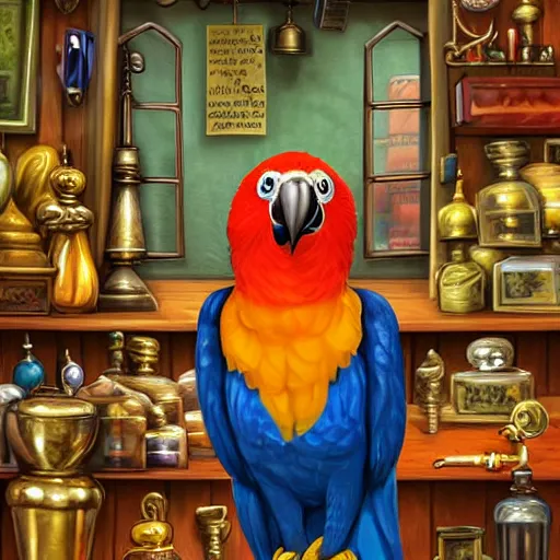 Image similar to Anthropomorphized parrot trader in his shop, selling his wares, portrait, items, magic potions, carpet, window, sly expression , cunning expression, cute expression, blue eyes, long thick shiny gold beak, presenting wares, holding a gold bag, D&D, fantasy, cinematic lighting, highly detailed, digital painting, artstation, concept art, smooth, sharp focus, illustration, warm light, cozy warm tint, magic the gathering artwork, volumetric lighting, 8k, art by Akihiko Yoshida, Greg Rutkowski