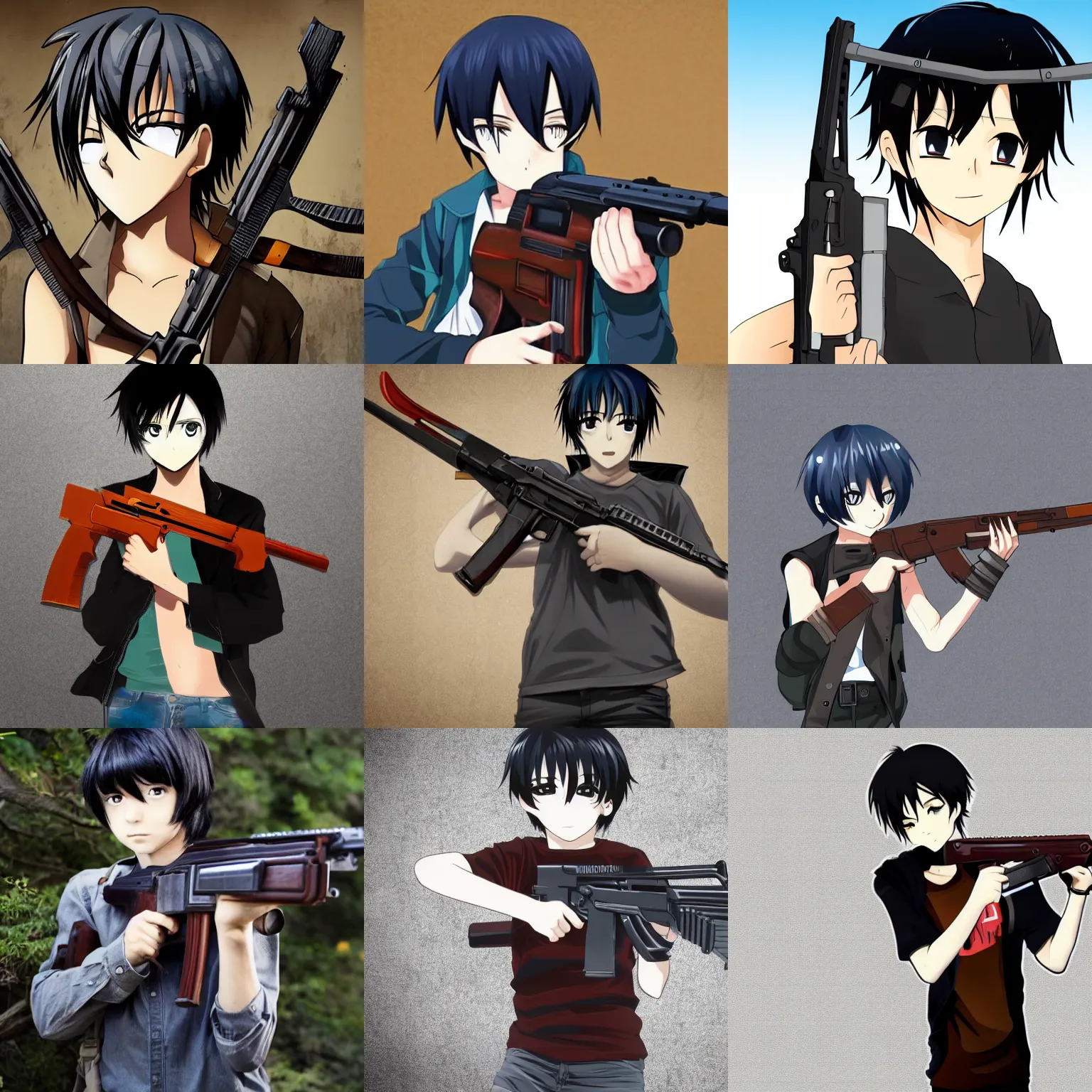 Prompt: Anime Boy With Black Hair Holding A Rusted AK-47 HD