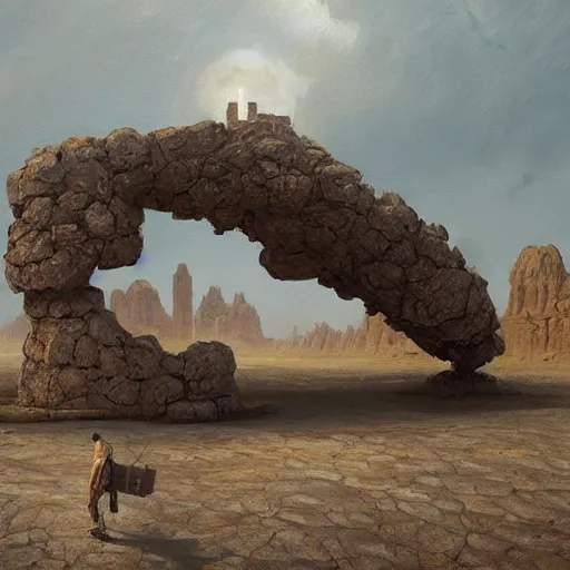 Image similar to panorama of giant stone golem carrying a city on its back walking through a desert, oil painting, by greg rutkowski