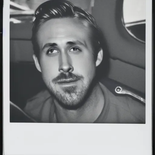 Polaroid image of Ryan Gosling as a cop driving | Stable Diffusion