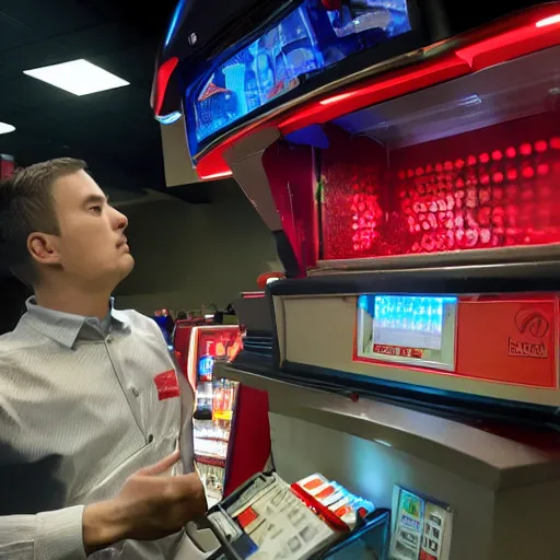 Image similar to Accidents, lasers, Iron Man working as a 7/11 cashier using a red laser scanner, cash register, red laser scanner, wide wide shot, very detailed, beautiful lighting, red laser, fire, smoke