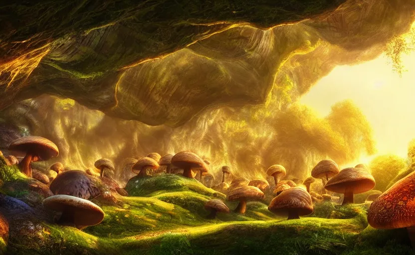 Prompt: a beautiful and stunning professional digital artwork of a humongous mushroom cave, mushroom houses, haze, waterfall, volumetric lighting, hyperrealistic, sunset, rtx on, ultra detail