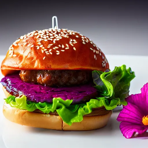 Image similar to Fast Food commercial photograph of a Sweat potato burger with a sweet cinnamon bun and velvet sauce, topped with hibiscus flower