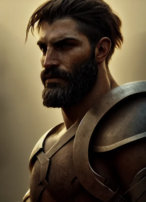 Prompt: portrait of a spartan hoplite hero, long dark hair and beard, perfect facial symmetry + dim volumetric lighting, 8k octane beautifully detailed render, post-processing, extremely hyperdetailed, intricate, epic composition, grim yet sparkling atmosphere, cinematic lighting + masterpiece, trending on artstation