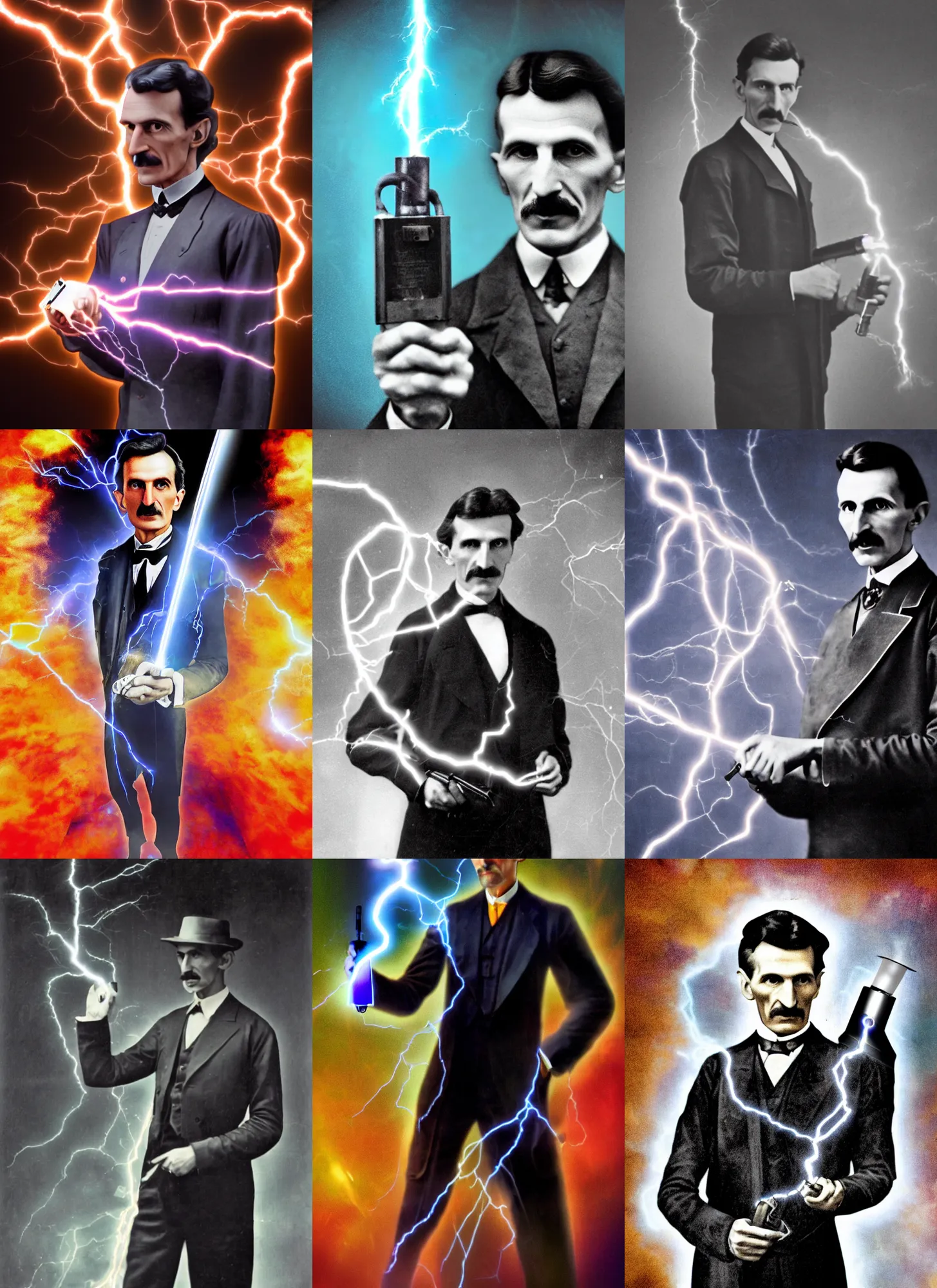 Prompt: color photograph of Nikola Tesla Nikola Tesla holding a futuristic tesla gun with lightning, futuristic, tesla coil, futuristic weapon, dynamic lightning, 4k, modern photograph, digital art