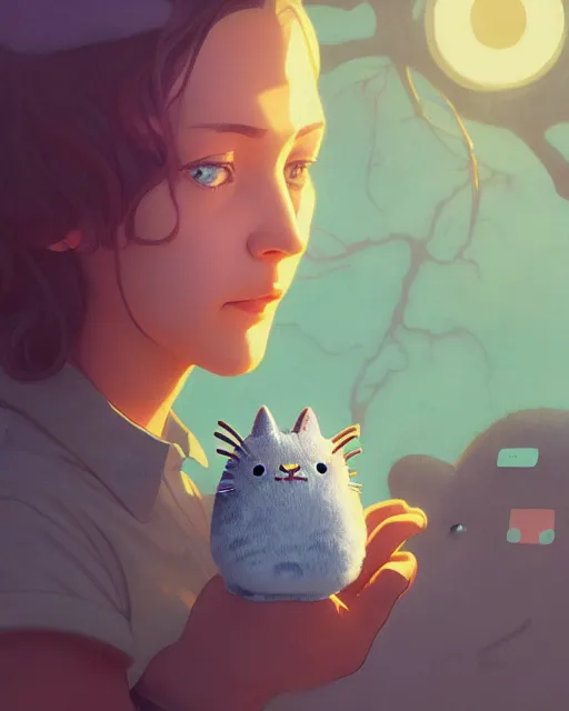 Image similar to highly detailed surreal vfx portrait of a cute pusheen plush, stephen bliss, unreal engine, greg rutkowski, loish, rhads, beeple, makoto shinkai and lois van baarle, ilya kuvshinov, rossdraws, tom bagshaw, alphonse mucha, global illumination, detailed and intricate environment