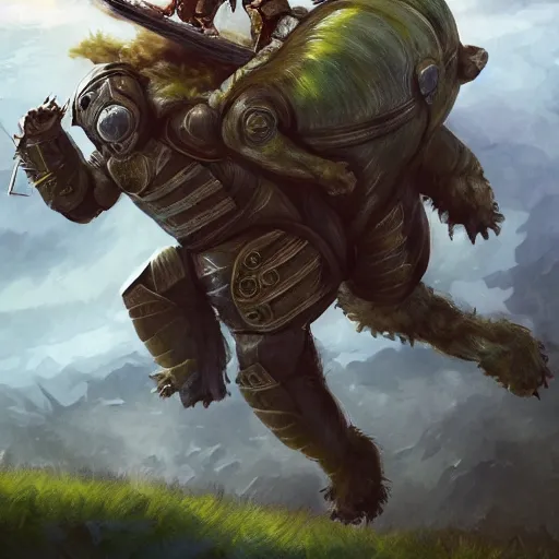 Image similar to A man in armour riding a giant tardigrade into battle, fantasy art, green hills, beautiful, trending on artstation, digital art