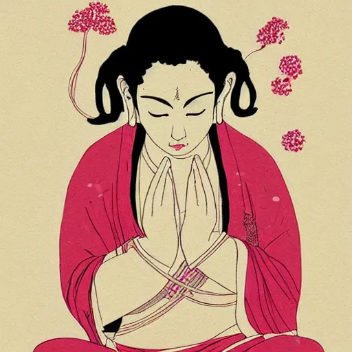 Image similar to contented female bodhisattva, praying meditating, portrait illustration by Conrad Roset