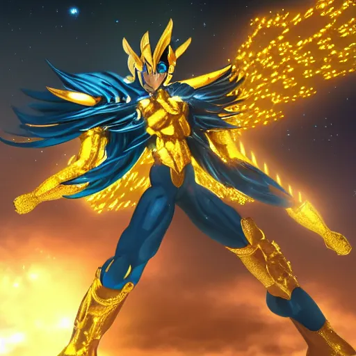 Prompt: Pegasus Meteor Fist from Saint Seiya, an incommensurable number of meteors bright as LEDs coming from his fist moving as fast as the speed of light, Pegasus constellation in the background, Saint Seiya wears Bronze Armor, photorealistic, detailed, trending on artstation