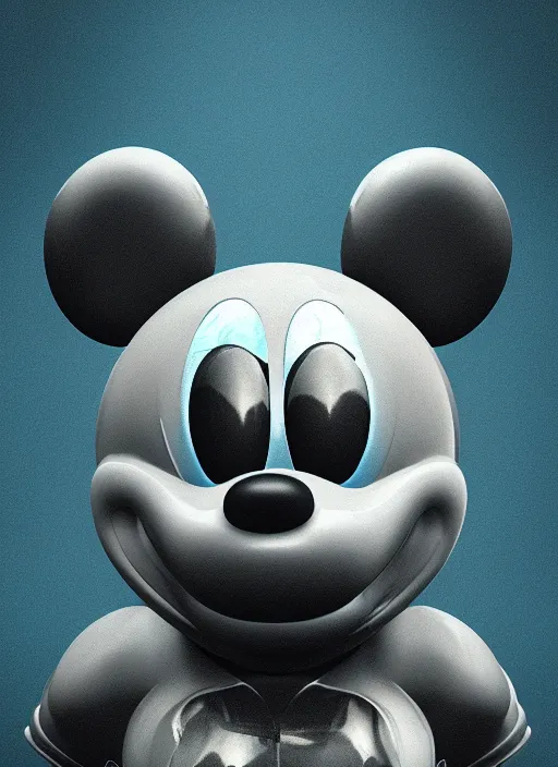 Image similar to mickey mouse head, fractal, broken, wet, mycelium, radiant alien, rococo, baroque, automotive, bio-mechanical, porcelain, iridescent sub surface scattering, octane render