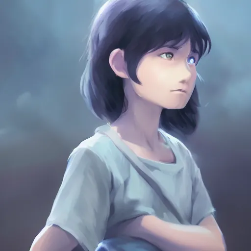 Image similar to a child with grey skin with blues and short brown hair, holding fire, highly detailed, digital painting, artstation, matte, by makoto shinkai, animation style