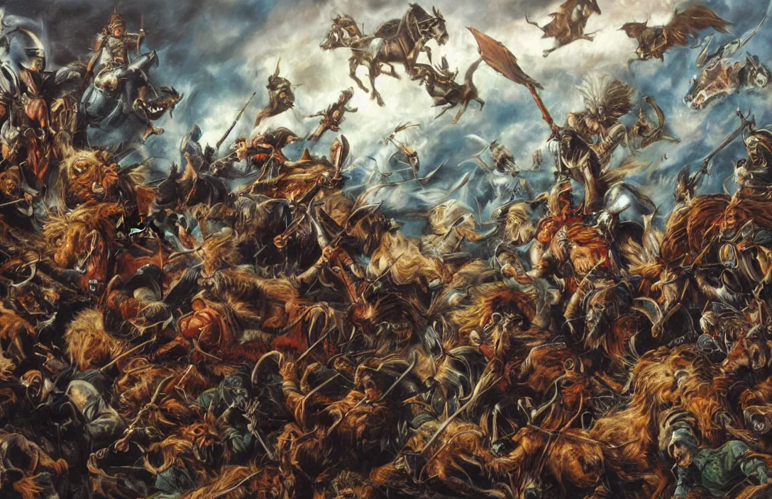 Image similar to oil painting of the wild hunt of odin