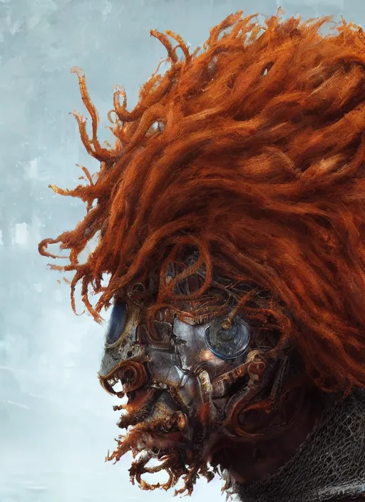 Prompt: biopunk portrait of curly orange hair man from dark souls, au naturel, hyper detailed, digital art, trending in artstation, cinematic lighting, studio quality, smooth render, unreal engine 5 rendered, octane rendered, art style by klimt and nixeu and ian sprigger and wlop and krenz cushart.