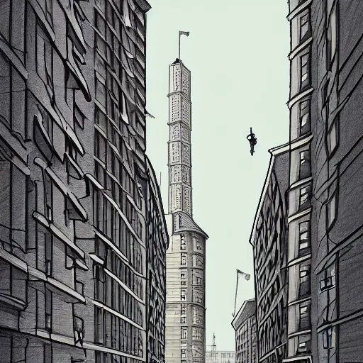 Image similar to a drawing of a city street with a tall building, a storybook illustration by carles delclaux is, behance contest winner, new objectivity, streetscape, storybook illustration, matte drawing