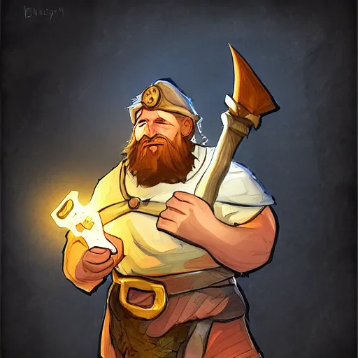 Prompt: fantasy dwarf on an epic quest holding a baguette. epic fantasy drawing. epic lighting.