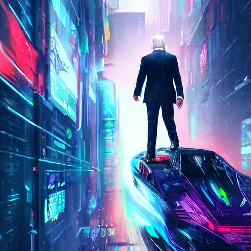 Prompt: Joe Biden enters the metaverse, cyberpunk, striking, colorful, impactful, artstation